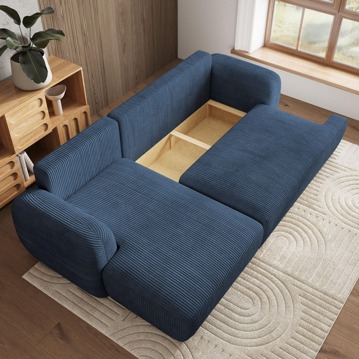 ECKSOFA MODENZA P L-S Blau Kordstoff mit Schlaffunktion - Blau, Holz (266/148cm) - MASSENO