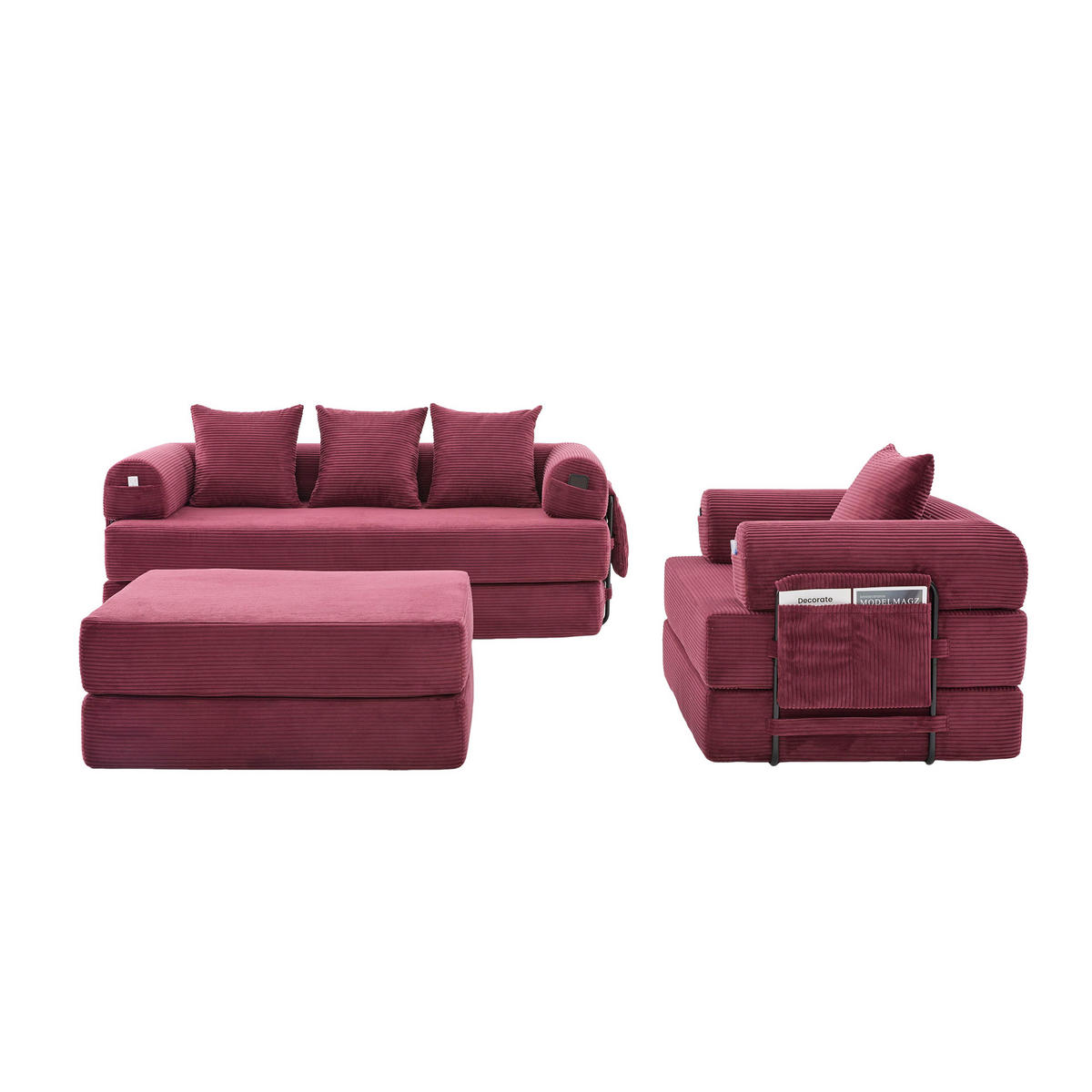 SITZGARNITUR DE-33801 modular mit Hocker Weinrot - Weinrot, Metall (200/67/190cm) - ComfortXL