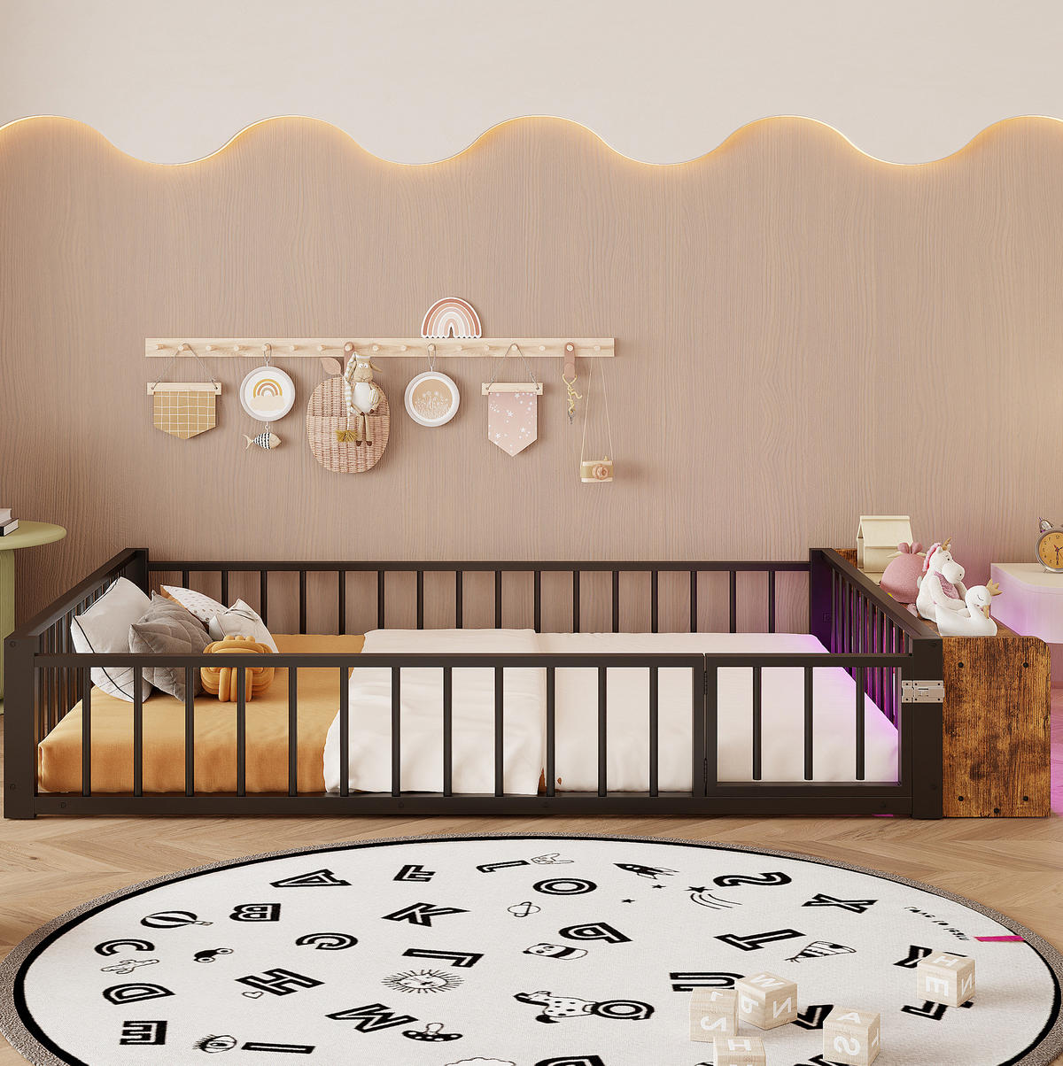 FLACHBETT 140/200 cm Schwarz mit Schutzgeländer, LED-Leisten, ohne Matratze - Schwarz, Metall (140/200cm) - MIVRAY