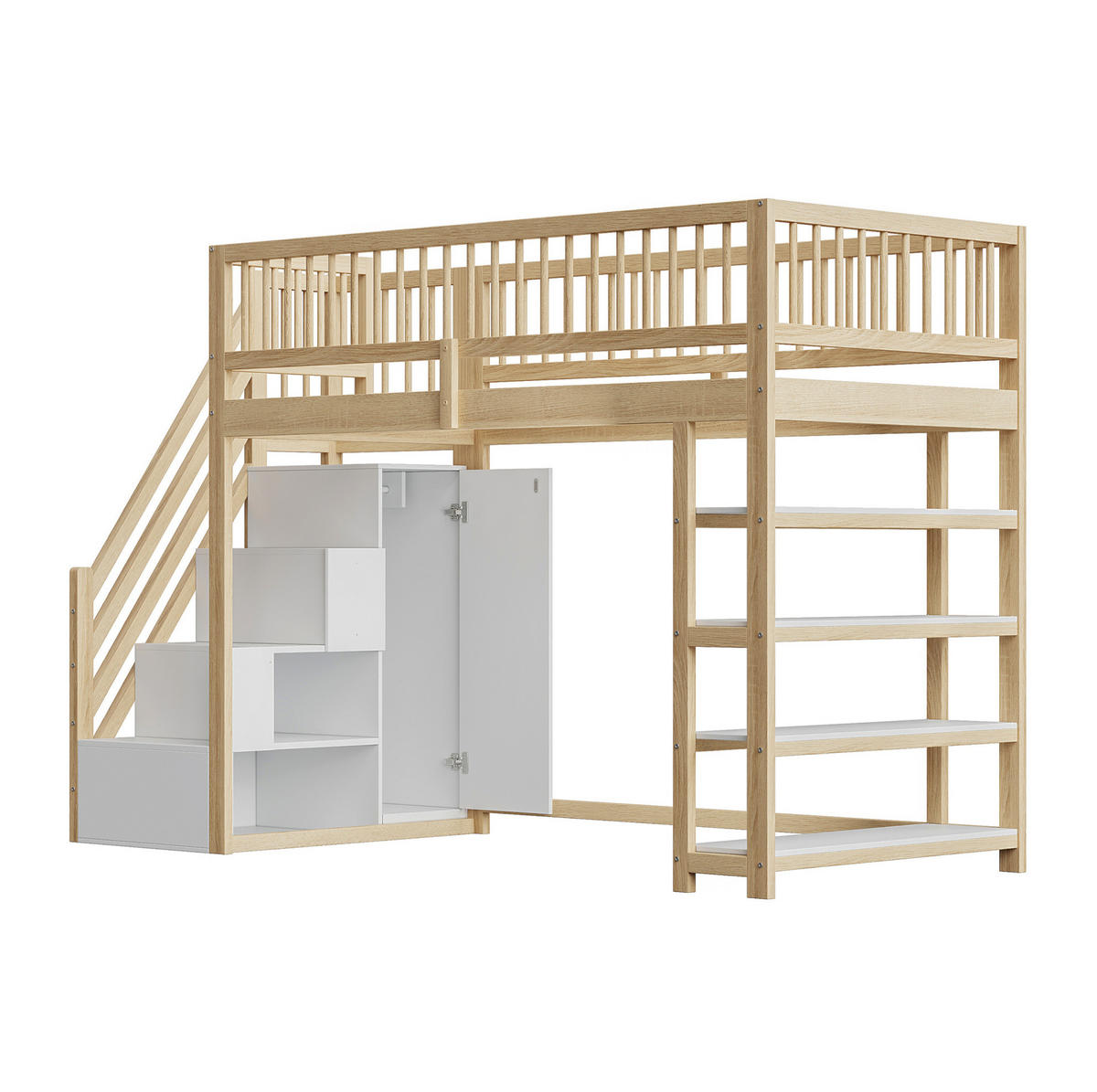 HOCHBETT 90/200 cm mit Kleiderschrank, Regalen und Sicherheitsleiter, farbe - Naturfarben, Holzwerkstoff (90/200cm) - Redom
