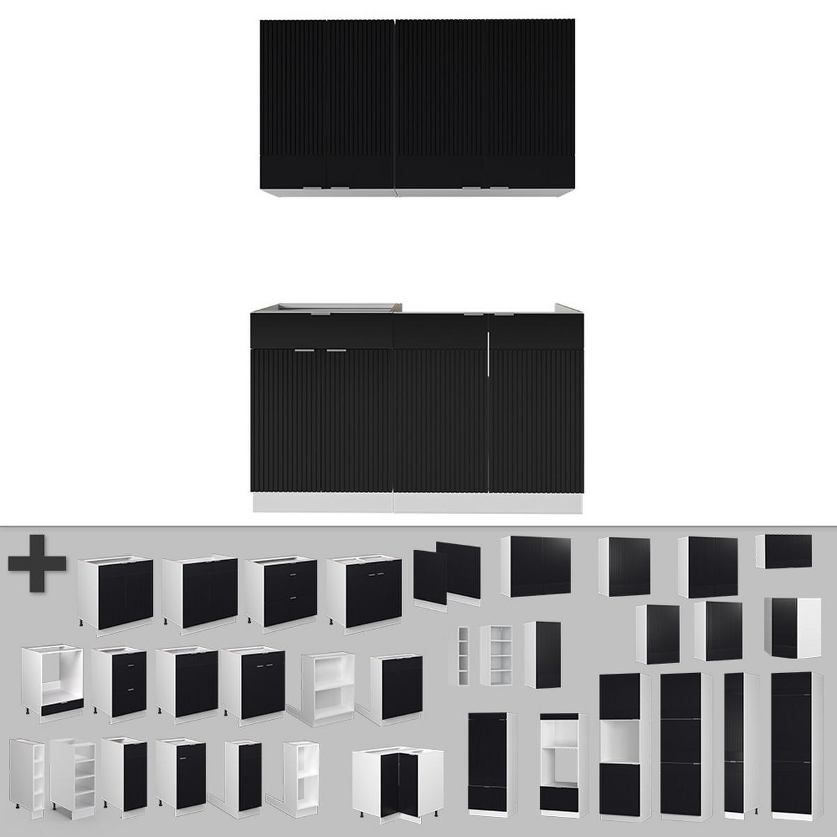 SINGLEKÜCHE Fame-Line, Schwarz gestreift/Weiß, 140 cm ohne Arbeitsplatte - Schwarz/Weiß, Holzwerkstoff (140/81.6/46cm) - Vicco