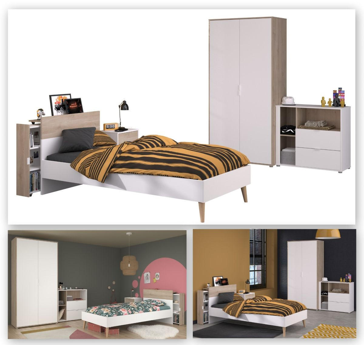 JUGENDZIMMER weiß, Eiche, Komplett-Set 5-teilig mit vielen Fächern - Eichefarben/Weiß, Holzwerkstoff (95/205/206cm) - Parisot Meuble