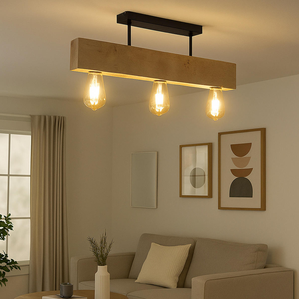 3 FLAMMIGE HÄNGELEUCHTE Metall Holz Braun - Braun, Holz (60/6/19cm) - Globo Lighting