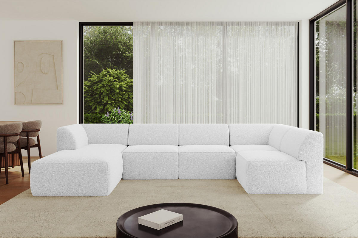 WOHNLANDSCHAFT Ottomane Links MOVO-L 345x180x78 cm Weiß Bouclé - Weiß, Holzwerkstoff/Kunststoff (345/78/180cm) - ALTDECOR