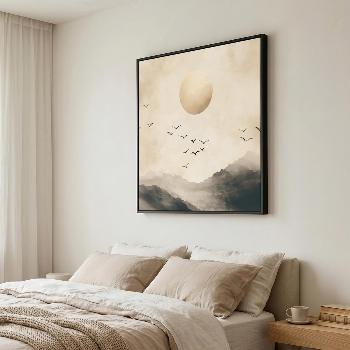 LEINWAND Bilder mit Rahmen - Landschaft - Japandi - Vogel - 90x90 - Beige, Textil (90/90cm) - MuchoWow