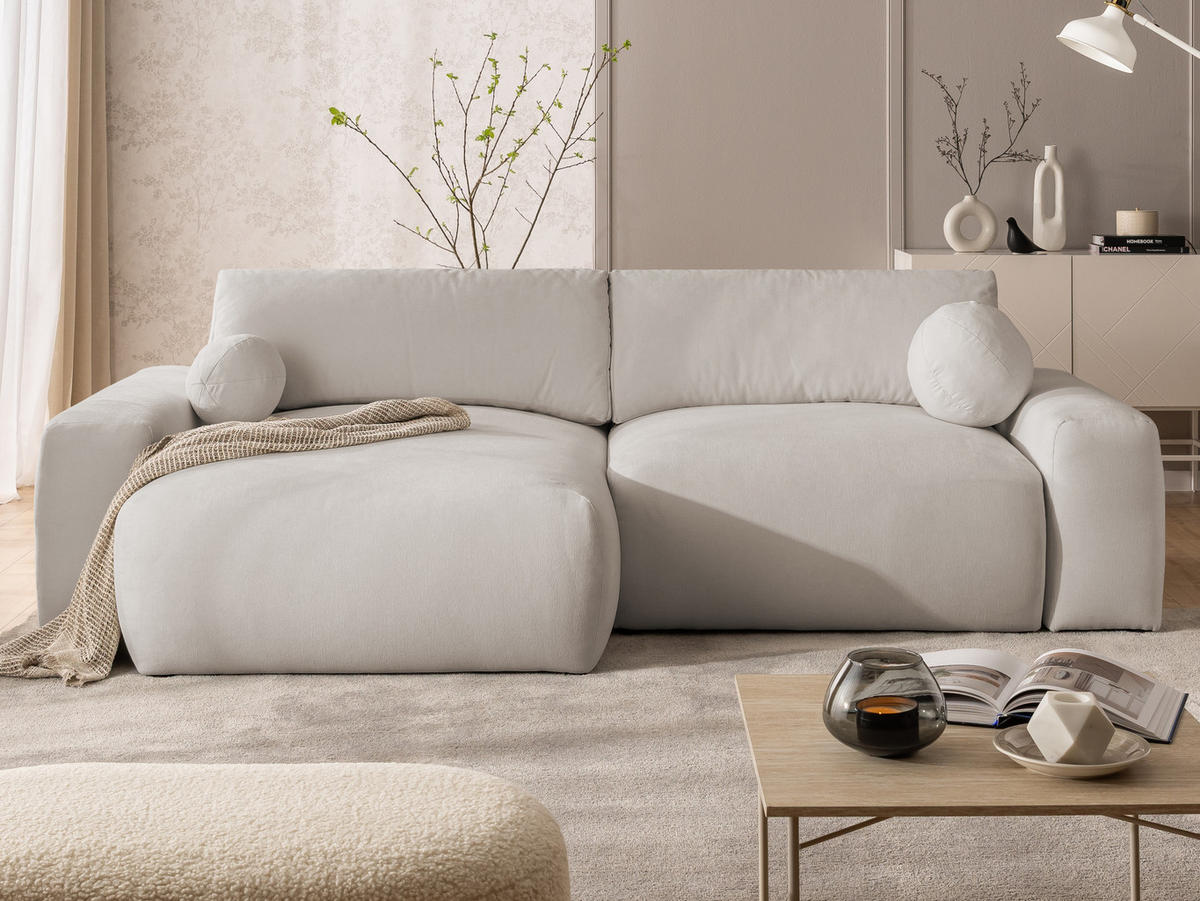 ECKSOFA Puffy mit Schlaffunktion und Bettkasten - besonders weich und puffig aus Beige Webstoff - Ottomane links - Beige/Schwarz, Holz/Kunststoff (138/266cm) - S-Style Möbel