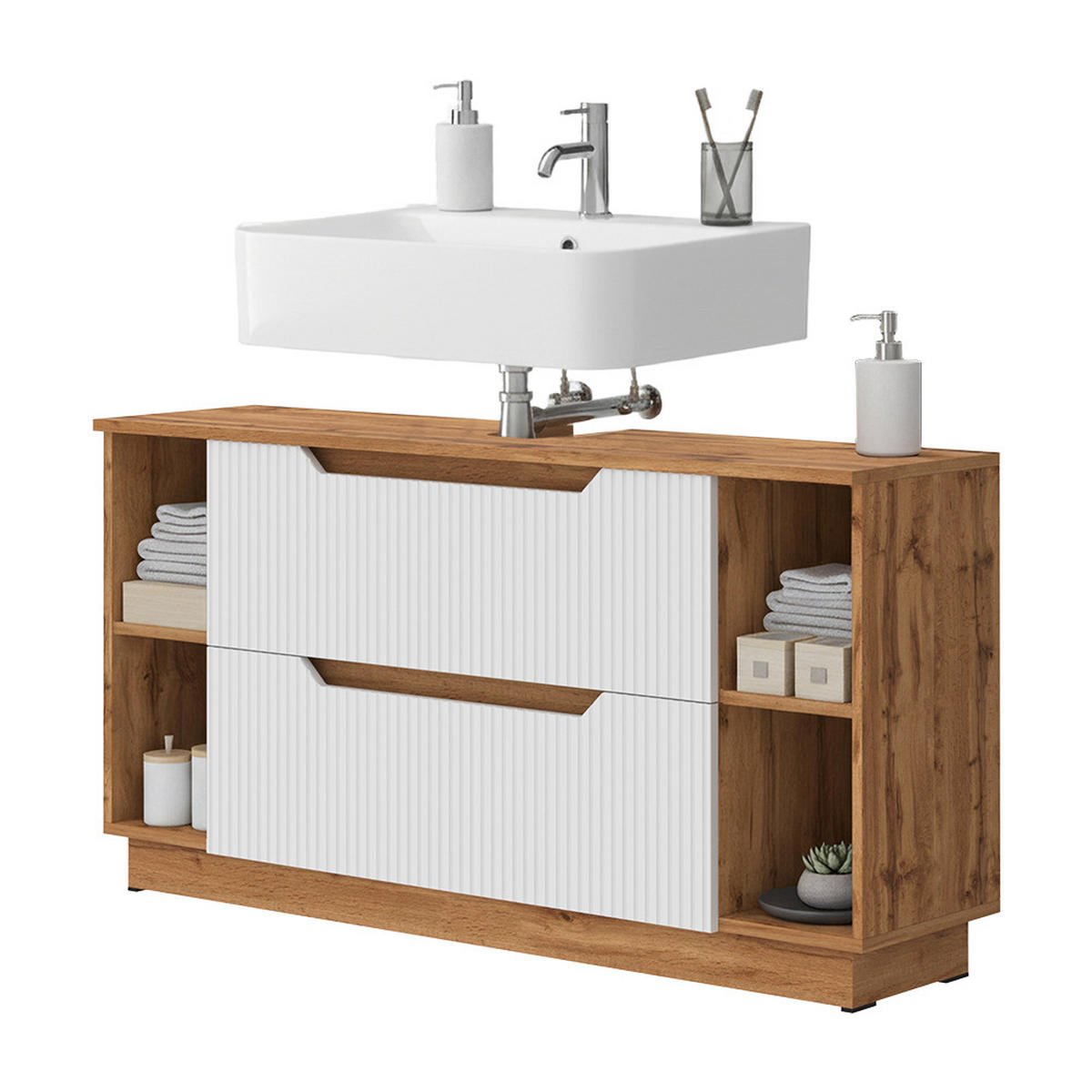 WASCHBECKENUNTERSCHRANK Lotta Eiche/weiß gestreift 119.2 x 62.5 cm mit 2 Schubladen - Eichefarben/Weiß, Holzwerkstoff (119.2/62.5/32cm) - Vicco