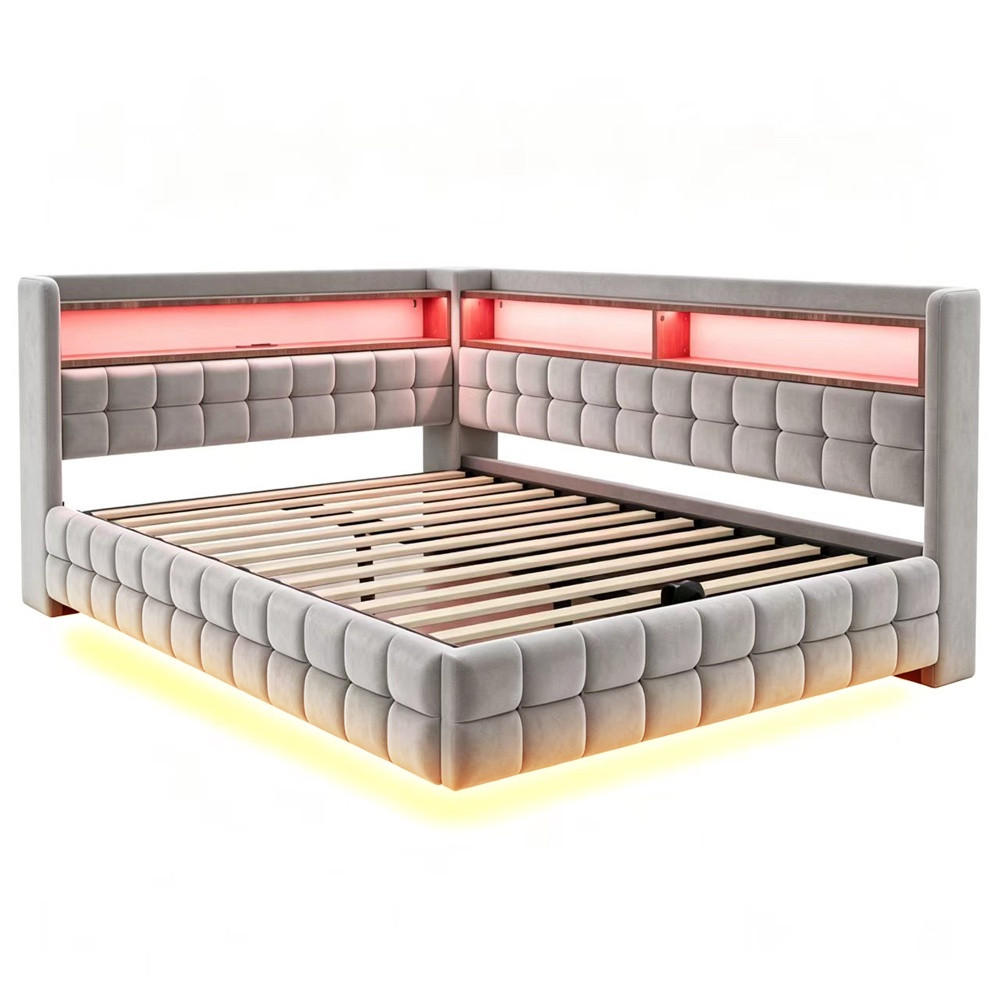 POLSTERBETT 140x200 cm mit hydraulischem Stauraum und Regal - LED Beleuchtung - USB & Typ-C - Hellgrau - ohne Matratze - Hellgrau, Textil (140/200cm) - DELFA