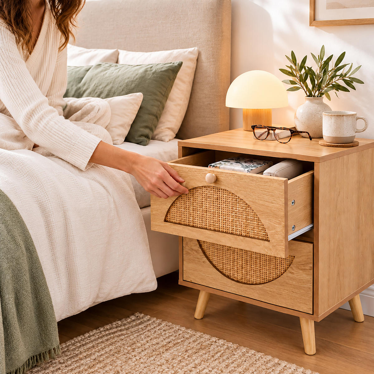NACHTTISCH Natur Rattan 2 Schubladen - Hellbraun, Holz/Holzwerkstoff (40/52/35cm) - Relaxdays