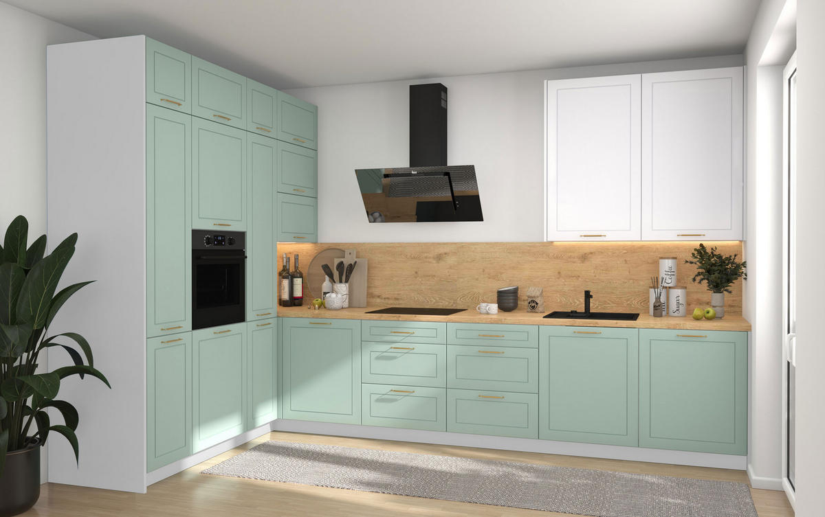 L-FORM KÜCHENZEILE Bari (16-tlg) Weiß / Blassgrün - Signalweiß - Grün, Holzwerkstoff/Metall (347/243/202cm) - Feldmann-Wohnen