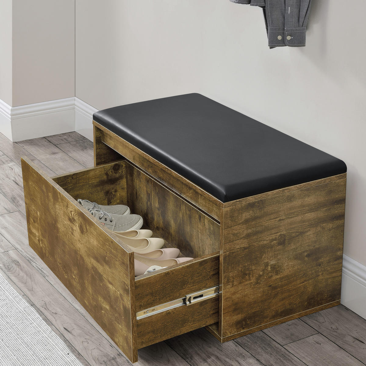 SCHUHBANK Degerfors - Schwarz/Braun, Holzwerkstoff/Kunststoff (39/45/80cm) - [en.casa]