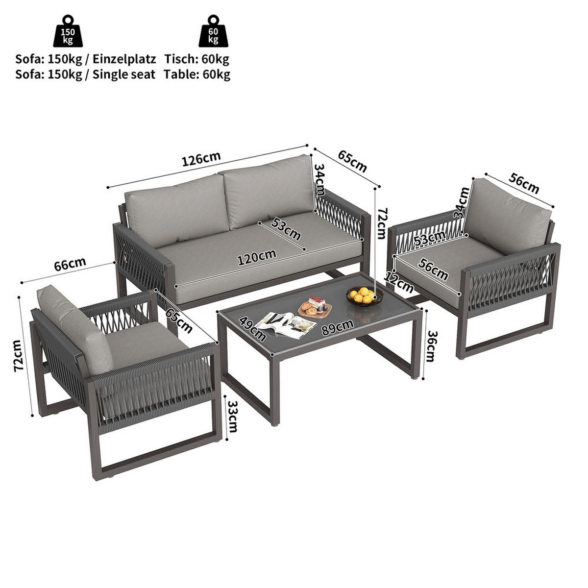 LOUNGESESSEL Set aus grauem Seil mit Eisenrahmen Glastisch Sitzkissen verstellbare Füße Gartenmöbel Set 4teilig Grau - Grau, Metall