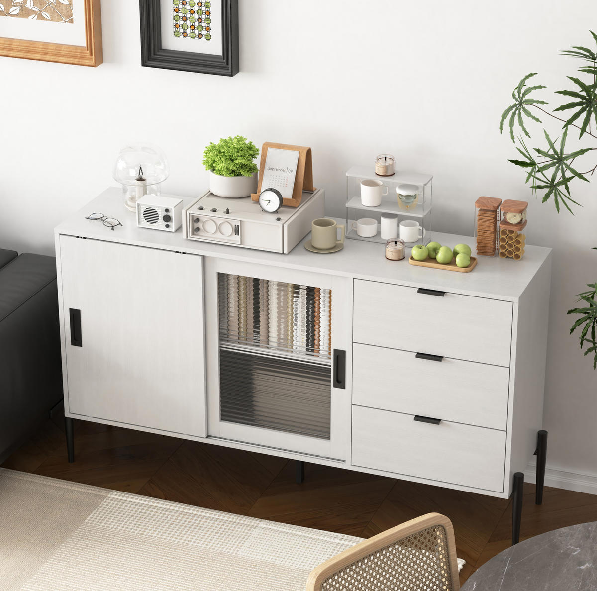 SIDEBOARD aus Holzwerkstoff 155x40x91 cm Weiß mit geriffeltem Glas, 3 Schubladen und 2 Türen, klassisches Design - Weiß, Holzwerkstoff (155/91.5/40cm) - Modfu
