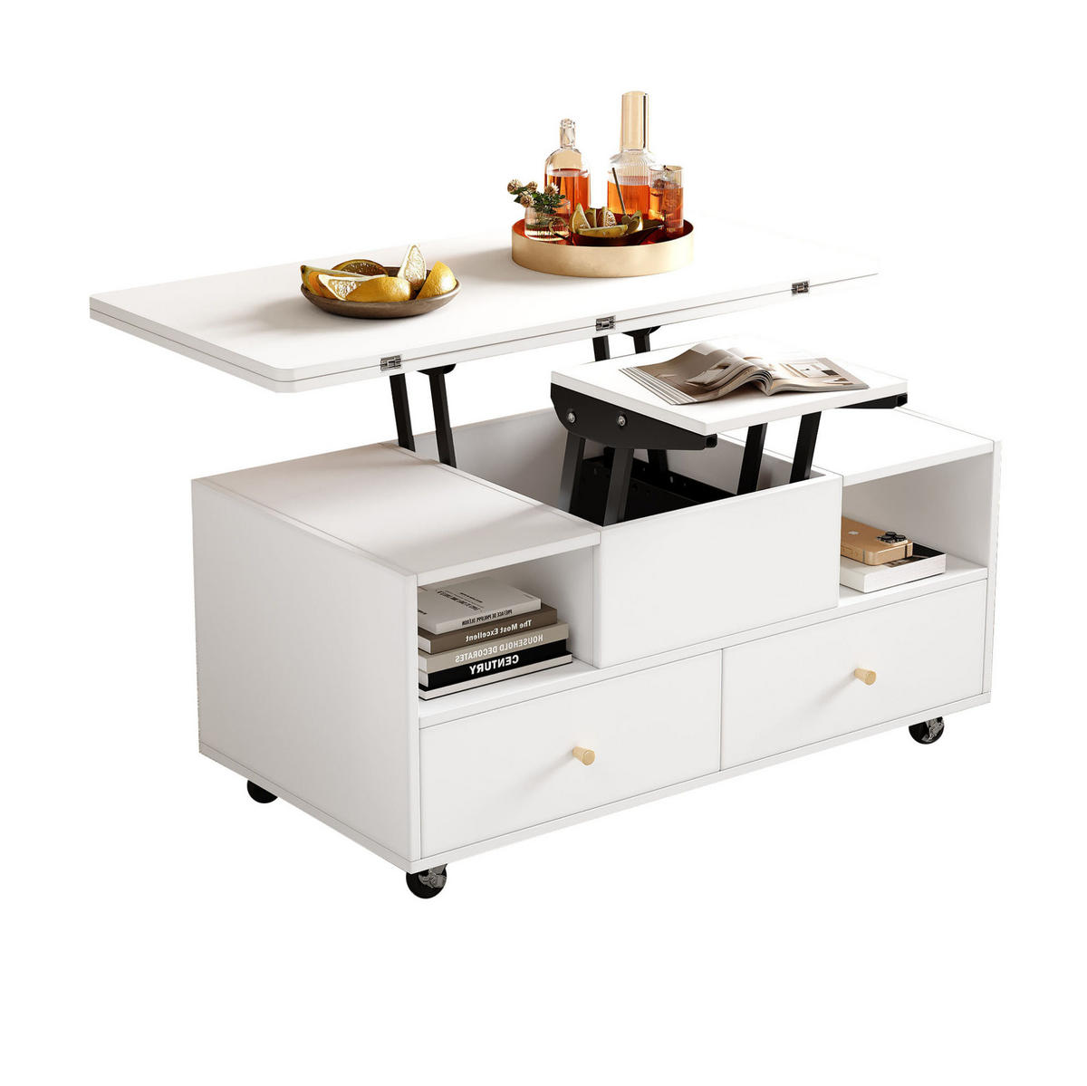 COUCHTISCH aus MDF 100x50x47,5 cm Weiß höhenverstellbar, klappbar mit 4 Schubladen und Rollen - Weiß, Holzwerkstoff (100/50/47.5cm) - Modfu