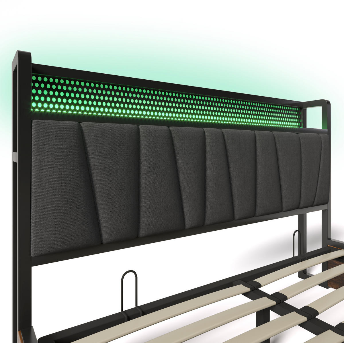 POLNJENA postelja iz lanu 160x200 cm siva z RGBW LED osvetlitvijo, USB priključki, vtičnicami in predalom za shranjevanje - siva, tekstil (160/200cm) - Modfu