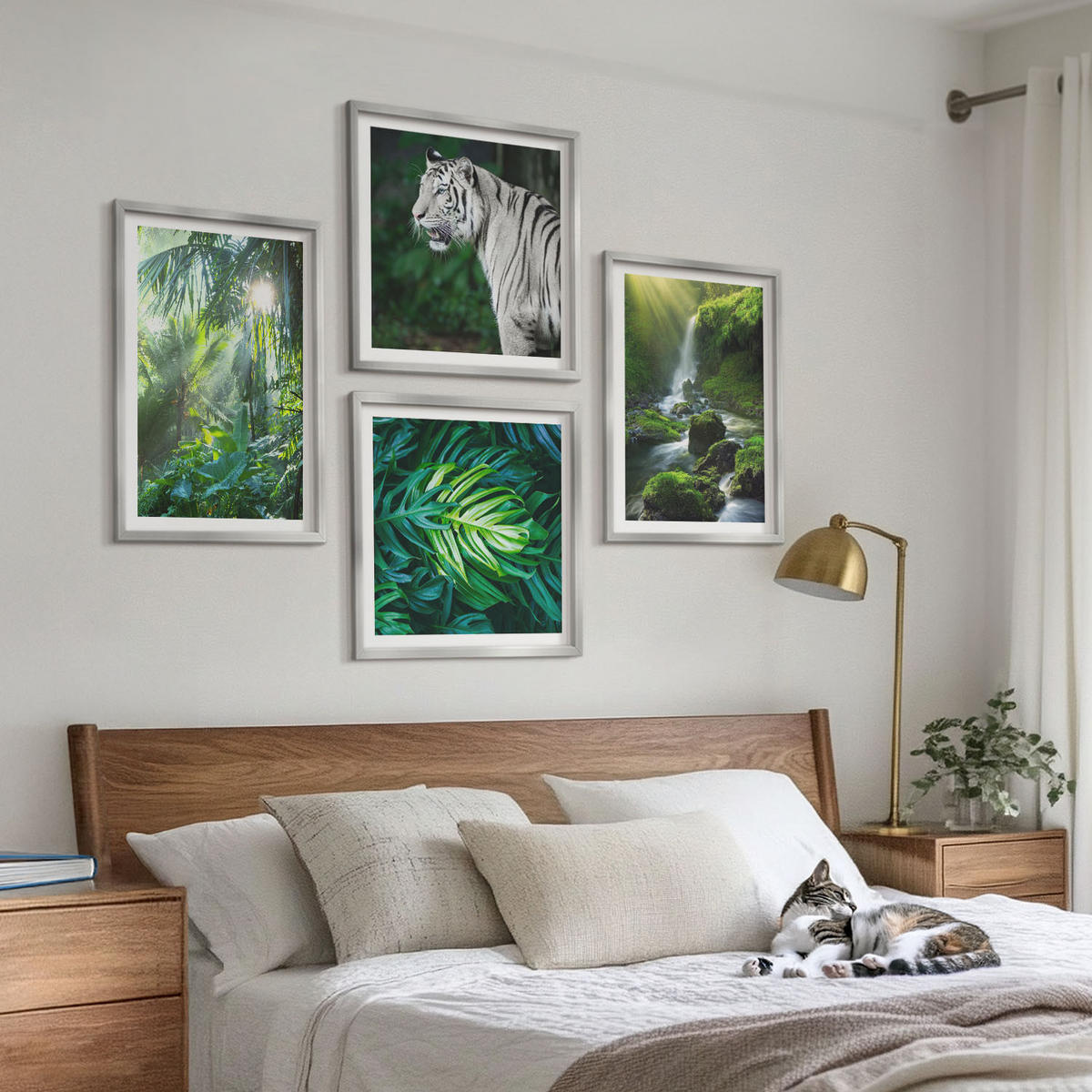 BILDER SET 4er Set - 50x50 cm & 40x60 cm Silberner Rahmen - Dschungel-Weißtiger-Wasserfall - Silberfarben, Kunststoff (50/50cm) - TULUP