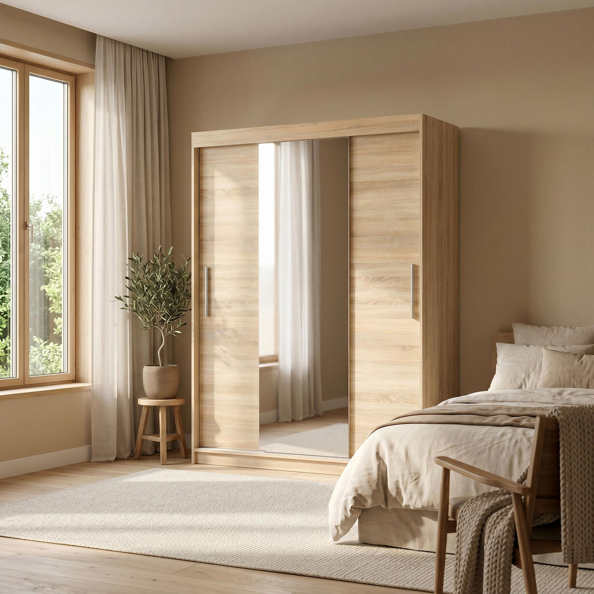 SCHWEBETÜRENSCHRANK VIVA 200/215,5/59cm 2-türig mit Spiegel Sonoma Eiche - Sonoma Eiche, Holzwerkstoff (200/215.5/59cm) - MASSENO