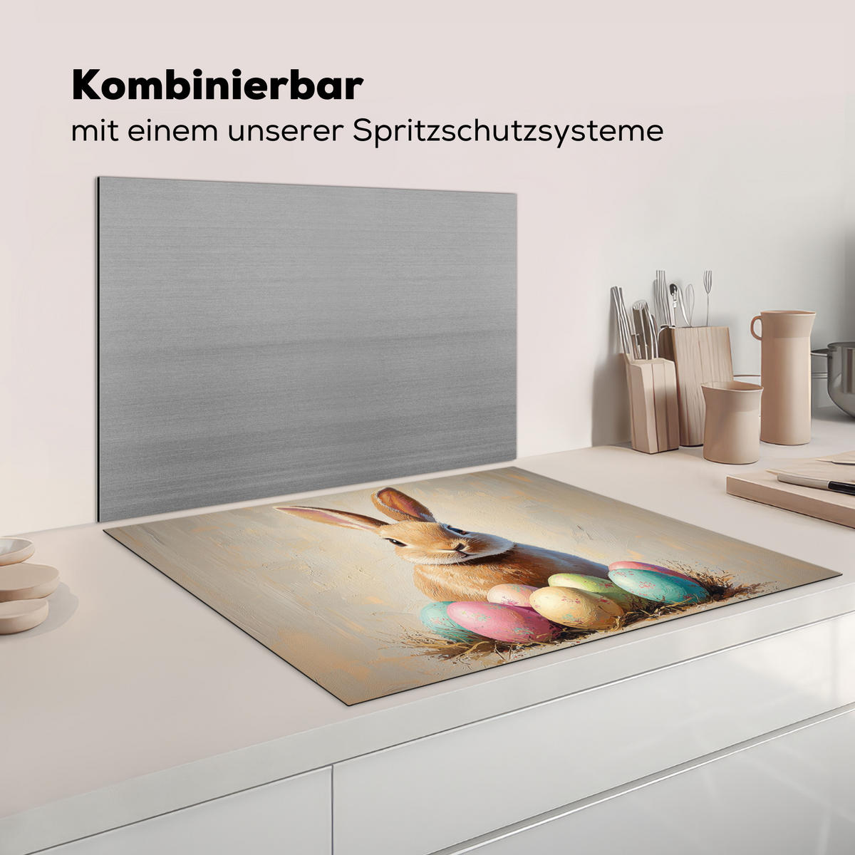HERDABDECKPLATTE Osterhase - Pastell - Eier Induktionsmatte 77x59 cm - Beige, Kunststoff (77/59/0.2cm) - MuchoWow