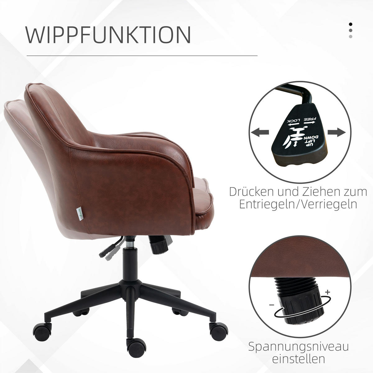 BÜROSTUHL mit Wippfunktion Höhenverstellbarer Schreibtischstuhl mit Rollen - Braun, Kunststoff (62/91/58.5cm) - Vinsetto