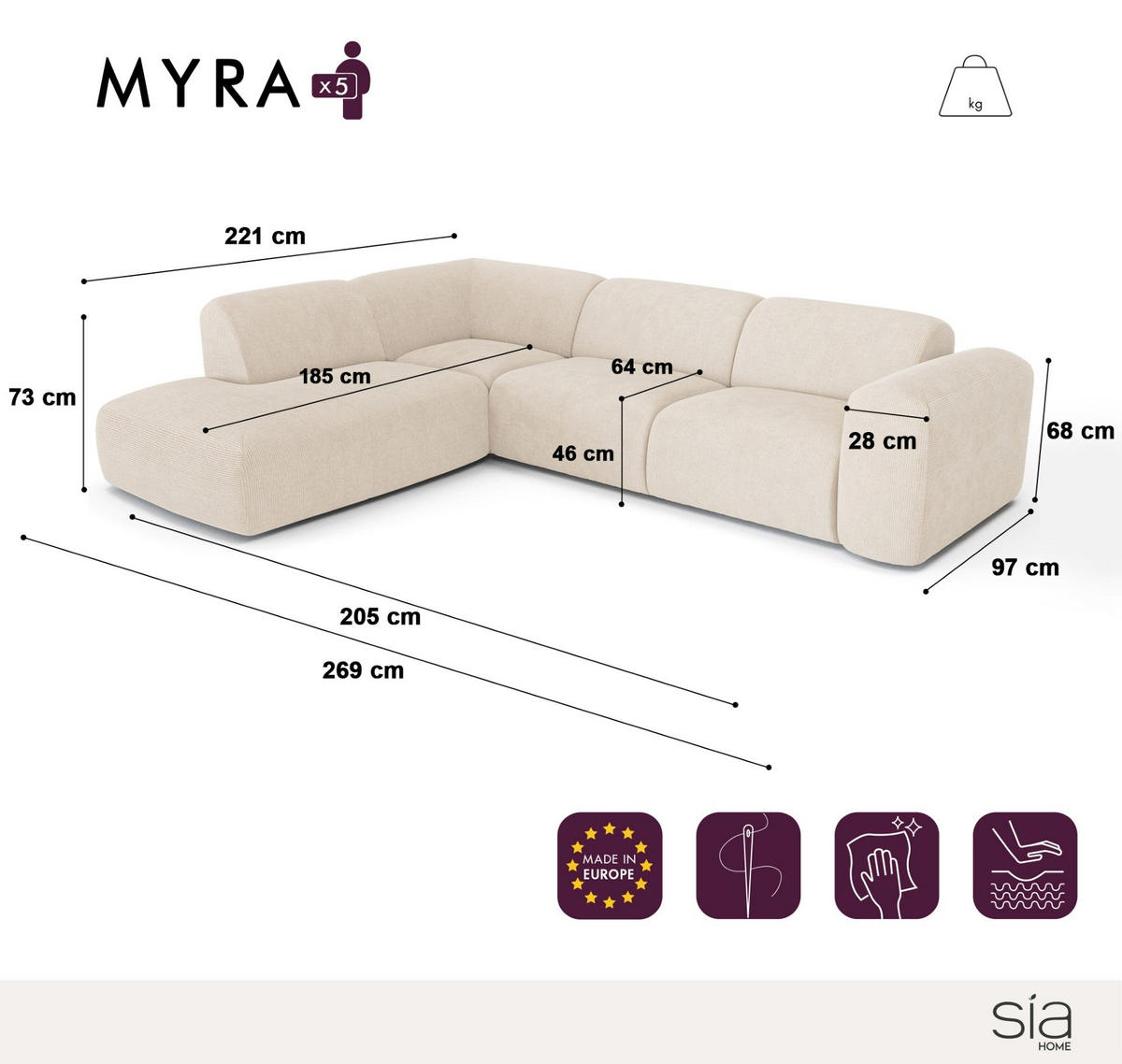 ECKSOFA LINKS Rastergewebe Olivgrün 269cm - Olivgrün, Textil (221/269cm) - Sia Home