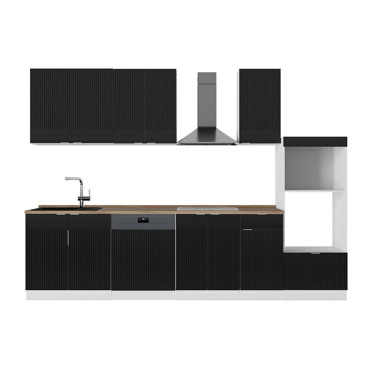 KÜCHENZEILE Fame-Line, Schwarz gestreift/Weiß, 300 cm mit Hochschrank, AP Eiche - Schwarz/Weiß, Holzwerkstoff (300/81.6/60cm) - Vicco