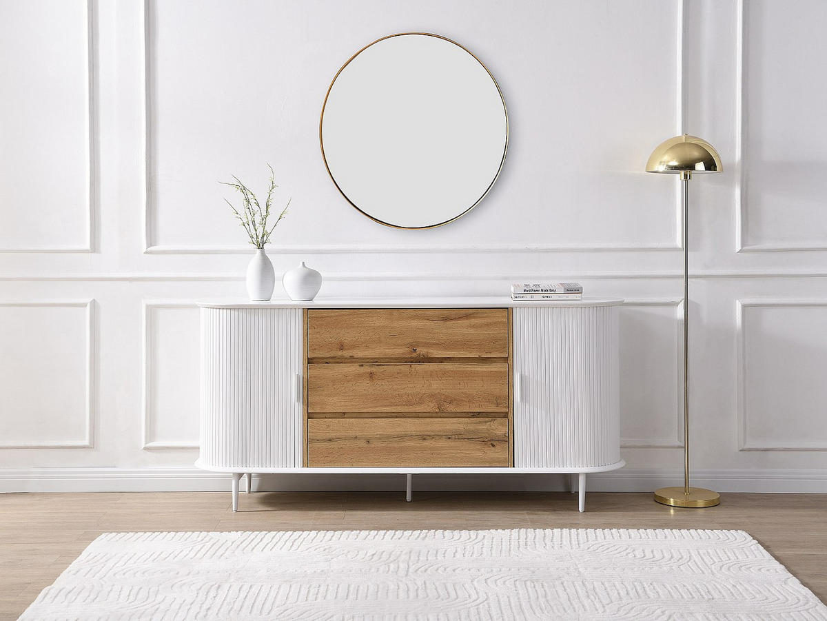 SIDEBOARD mit 2 Schiebetüren & 3 Schubladen - MDF - Weiß & Holzfarben - VELURANI - Naturfarben, Holz (170/81/40cm) - Vente-Unique