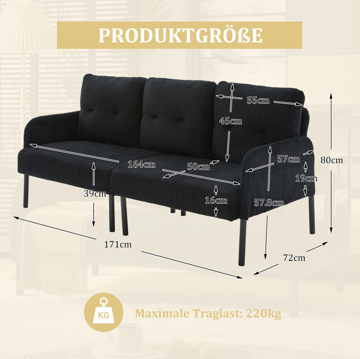 3-SITZER-SOFA 171/72/80 cm aus Cord mit Seitentasche Schwarz - Schwarz, Textil (72/80/171cm) - Modenvie