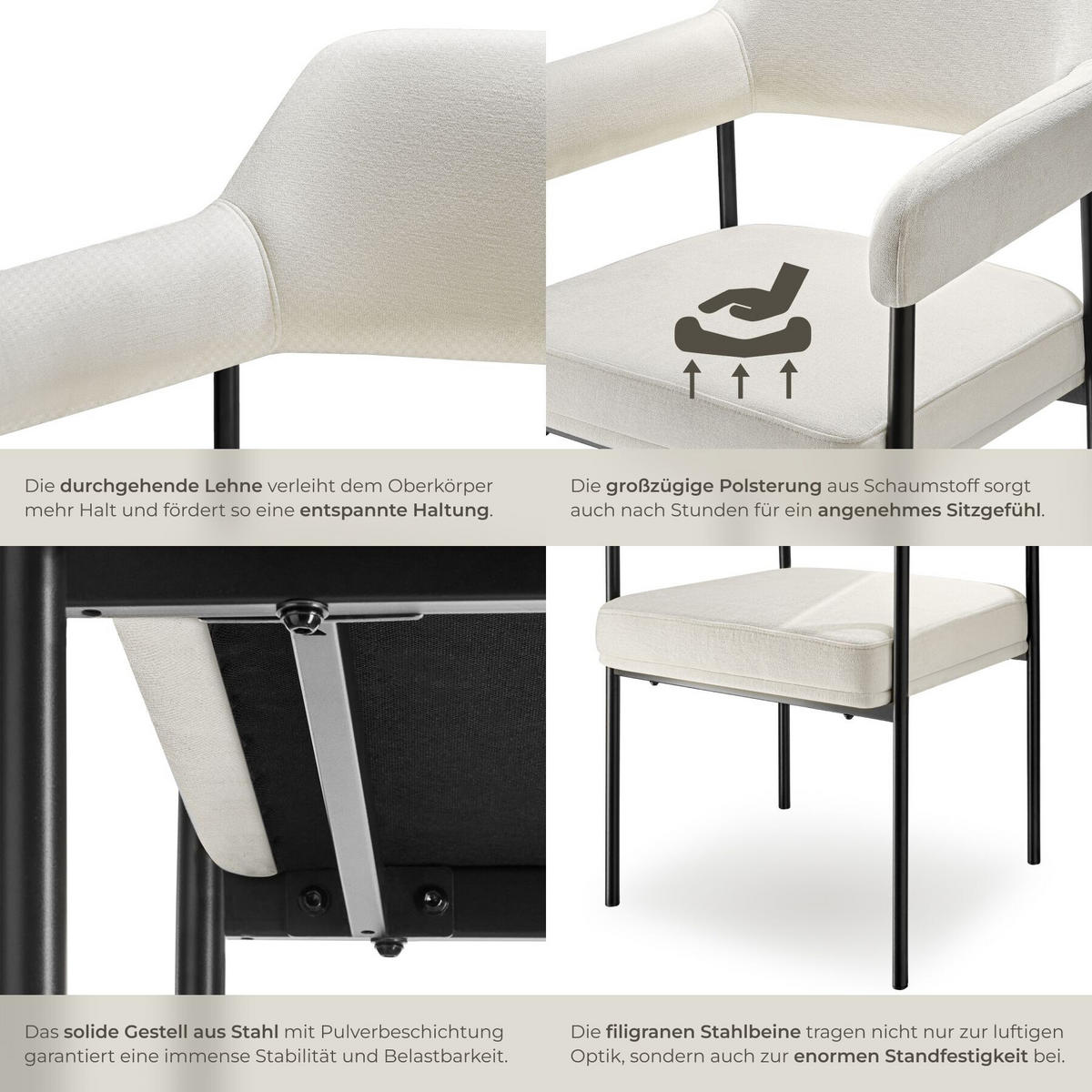 ARMLEHNSTUHL 2er Set Doé 58 x 62 x 85 cm Webstoff off-white/schwarz - Schwarz/Weiß, Textil (58/85/62cm) - tectake