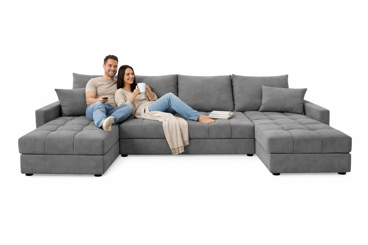 WOHNLANDSCHAFT AURELIA – Ecksofa in U-Form mit Schlaffunktion, Bettkasten & Kissen Stoff KRONOS 287 cm Grau - Grau, Kunststoff (287/140cm) - Wohnideebilder