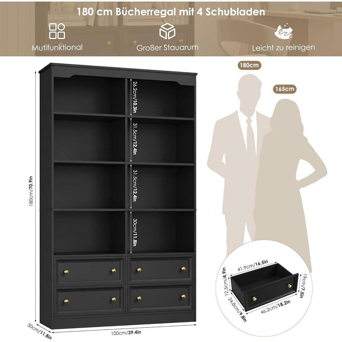BÜCHERREGAL mit 4 Schubladen 180 cm schwarz - Schwarz, Holzwerkstoff (100/180/30cm)