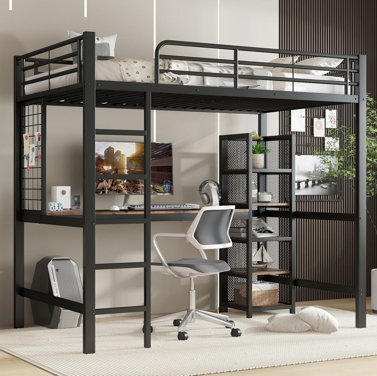 HOCHBETT aus Metall und MDF 90x200 cm Schwarz-Dunkle Holzfarbe mit Schreibtisch, 5-stufigem Regalschrank und Metallgitter - Schwarz, Holzwerkstoff (90/200cm) - Modfu