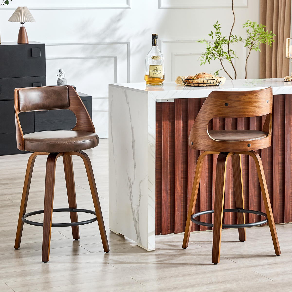 BARHOCKER Braun 2er-Set mit Holzgestell PU-Leder und Rückenlehne - Braun, Holz (47/92/47cm) - PANGIVO