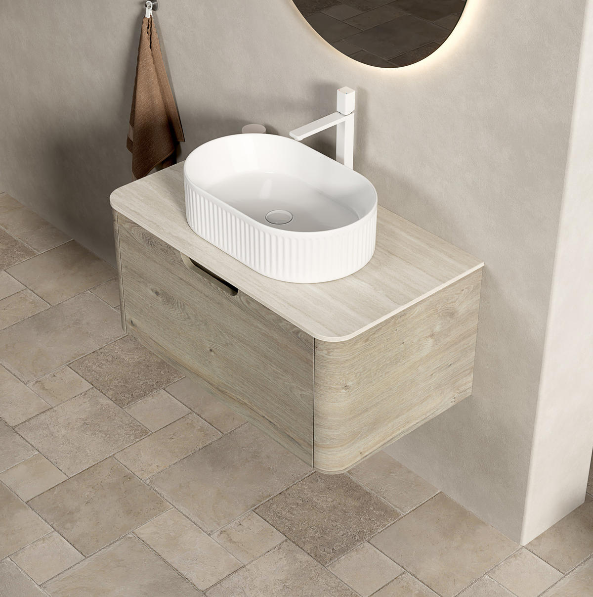 WASCHTISCHKOMBI 80 cm mit Aufsatzbecken und Soft-Close-Schublade in Eichenoptik - Creme, Keramik (80/50.2/46cm) - BEAOK