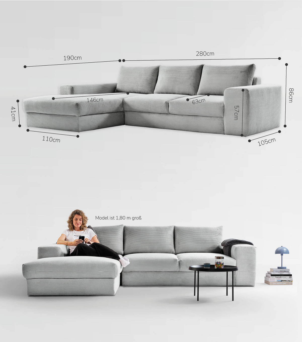 ECKSOFA Der Klassiker Recamiere links - Grau, Textil (280/190cm) - Mokebo