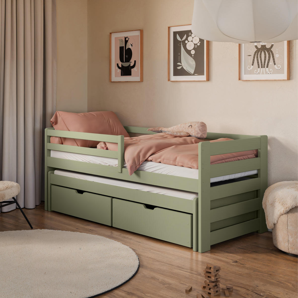 KINDERBETT 90x200 cm mit Ausziehbett & zwei Schubladen in Olivgrün - Olivgrün, Holzwerkstoff (90/200cm) - Kids Collective