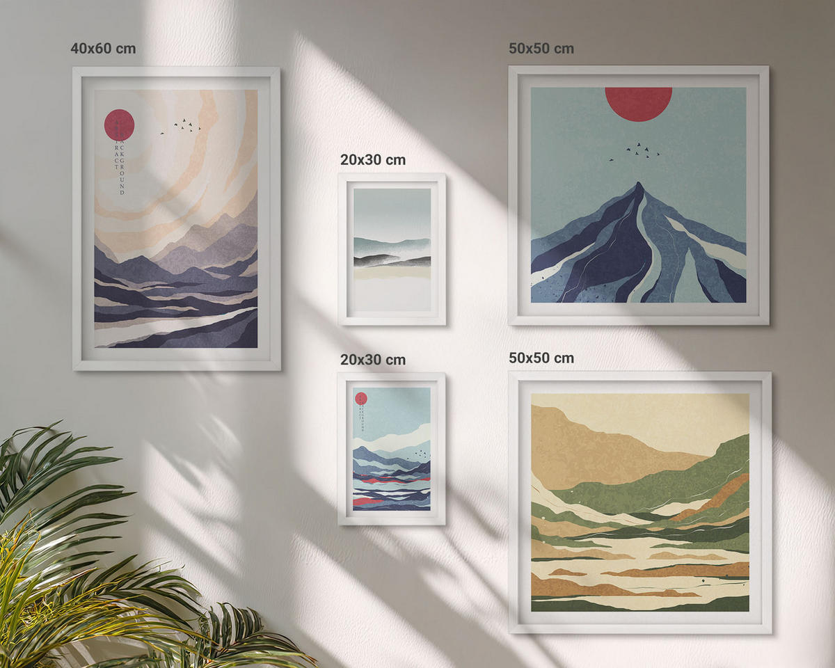 WANDBILDER 5er-Set - 50x50 cm & 20x30 cm & 40x60 cm Weißer Rahmen - Farbenfrohe abstrakte Flussberge - Weiß, Kunststoff (40/60cm) - ArtPrintCave