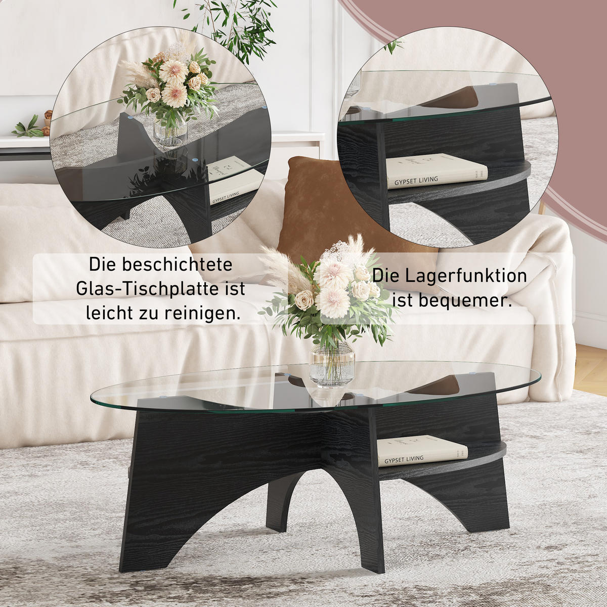 COUCHTISCH in Schwarz Moderner ovaler Beistelltisch mit Holzoptik für Esszimmer und Wohnzimmer, B104.9/T60/H35.6 cm - Transparent/Schwarz, Glas/Holzwerkstoff (60/104.9/35.6cm) - STILVORA
