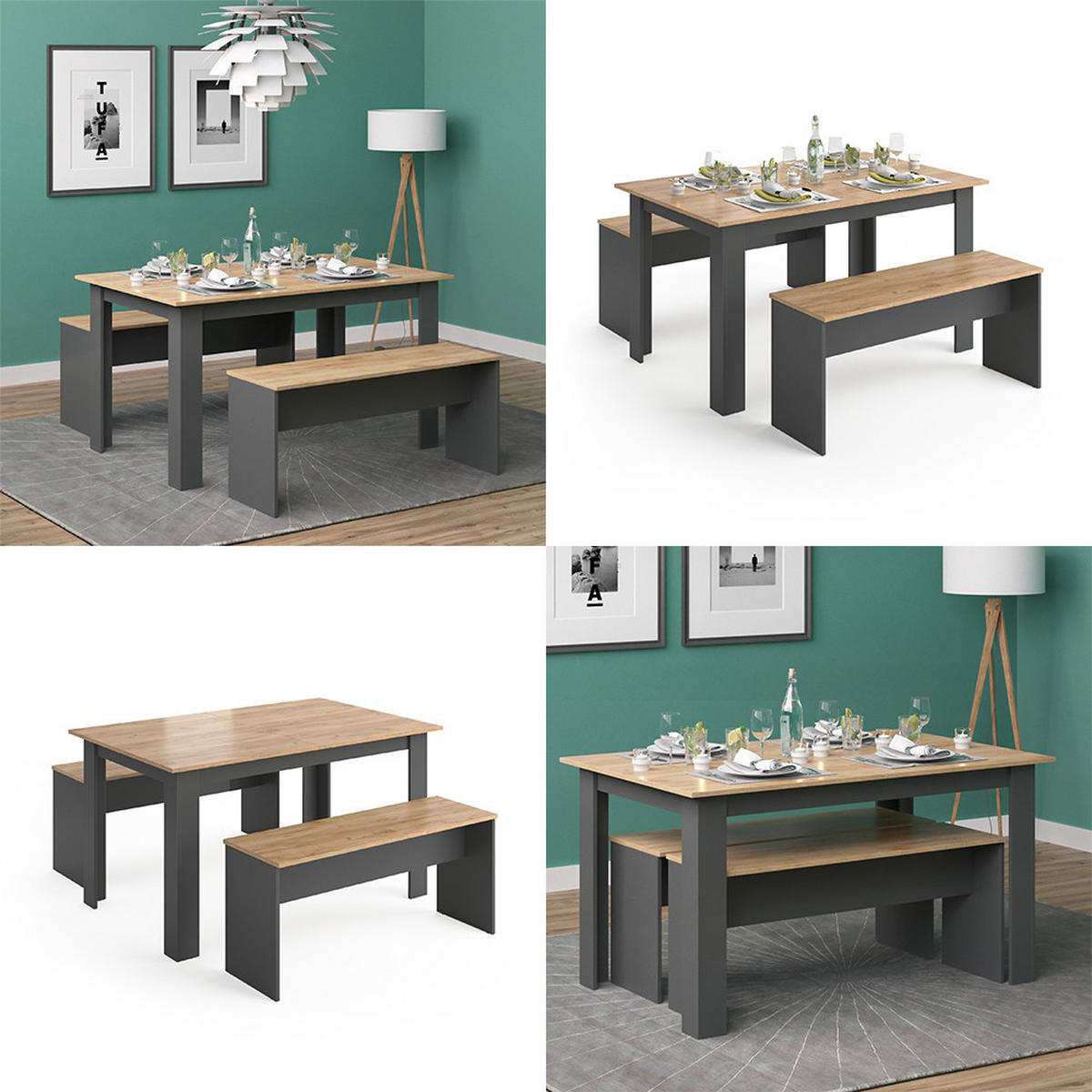 ESSTISCH SET Sentio Anthrazit 90 x 140 cm mit 2 Bänken - Anthrazit, Holzwerkstoff (140/76/90cm) - Vicco