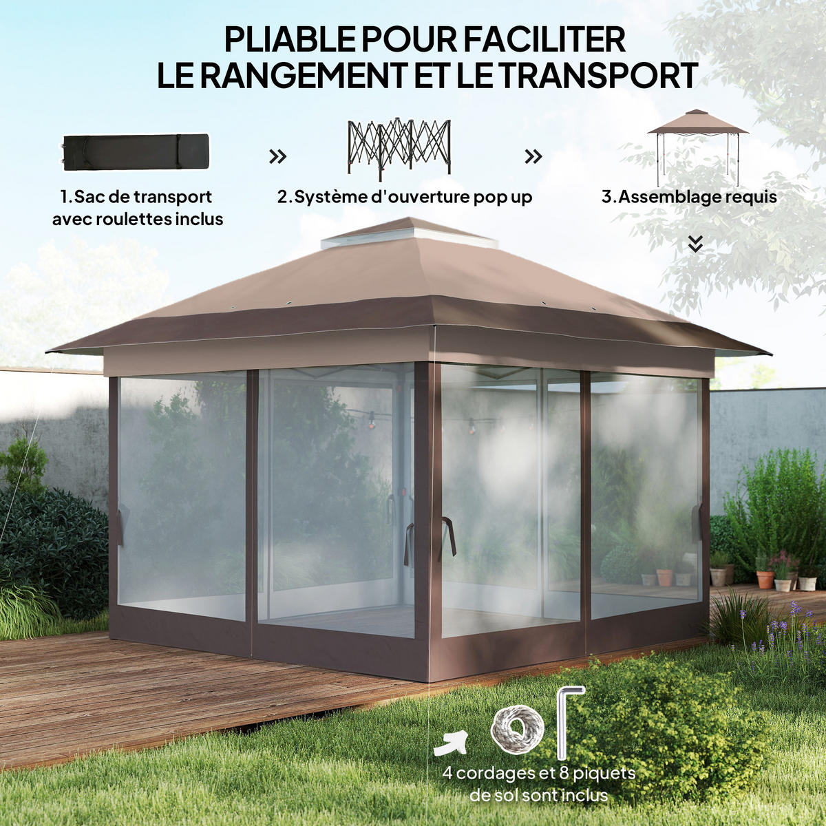 PAVILLON DE-13981 Pop-up, 4 Moskitonetze, mit Rolltasche Khaki/Braun - Mokka, Metall (364/294/364cm) - ComfortXL
