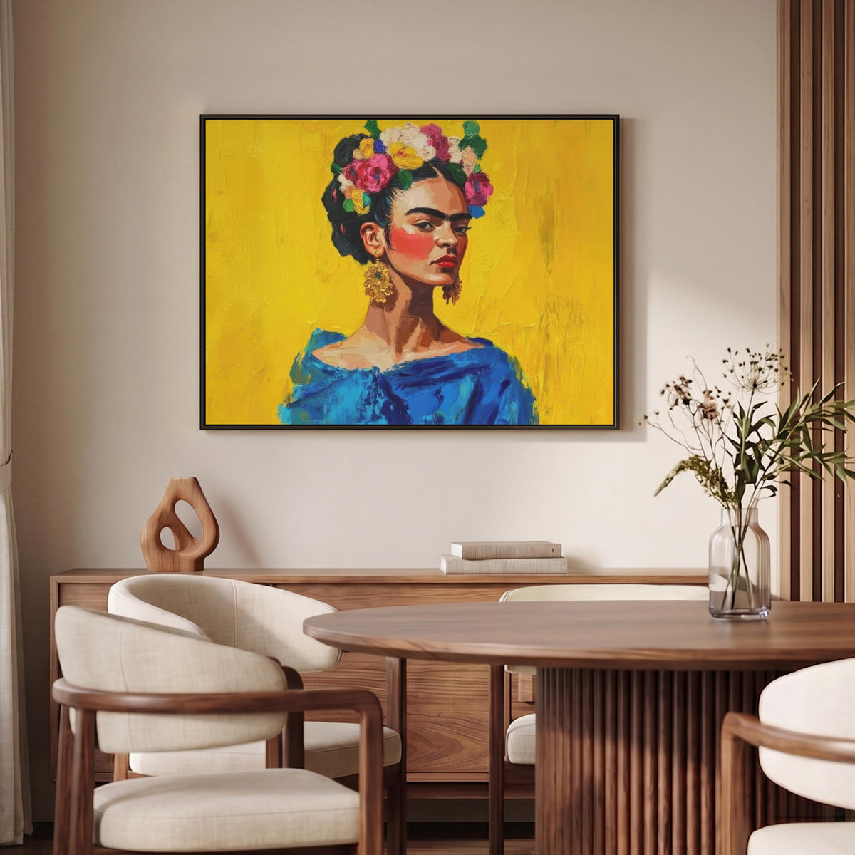 LEINWAND Bilder mit Rahmen - Frida Kahlo - Frau - Gelb - Blau - Blumen - 100x70 - Gelb, Textil (100/70cm) - MuchoWow