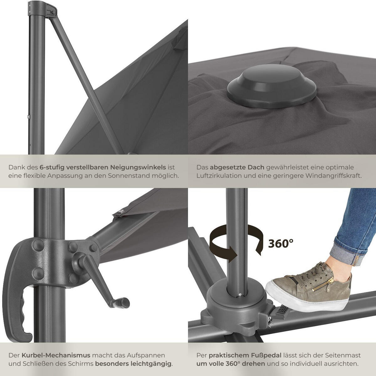 SONNENSCHIRM Daria,UV-Schutz 50+, inklusive Schutzhülle,grau - Grau, Metall (300/372cm) - tectake