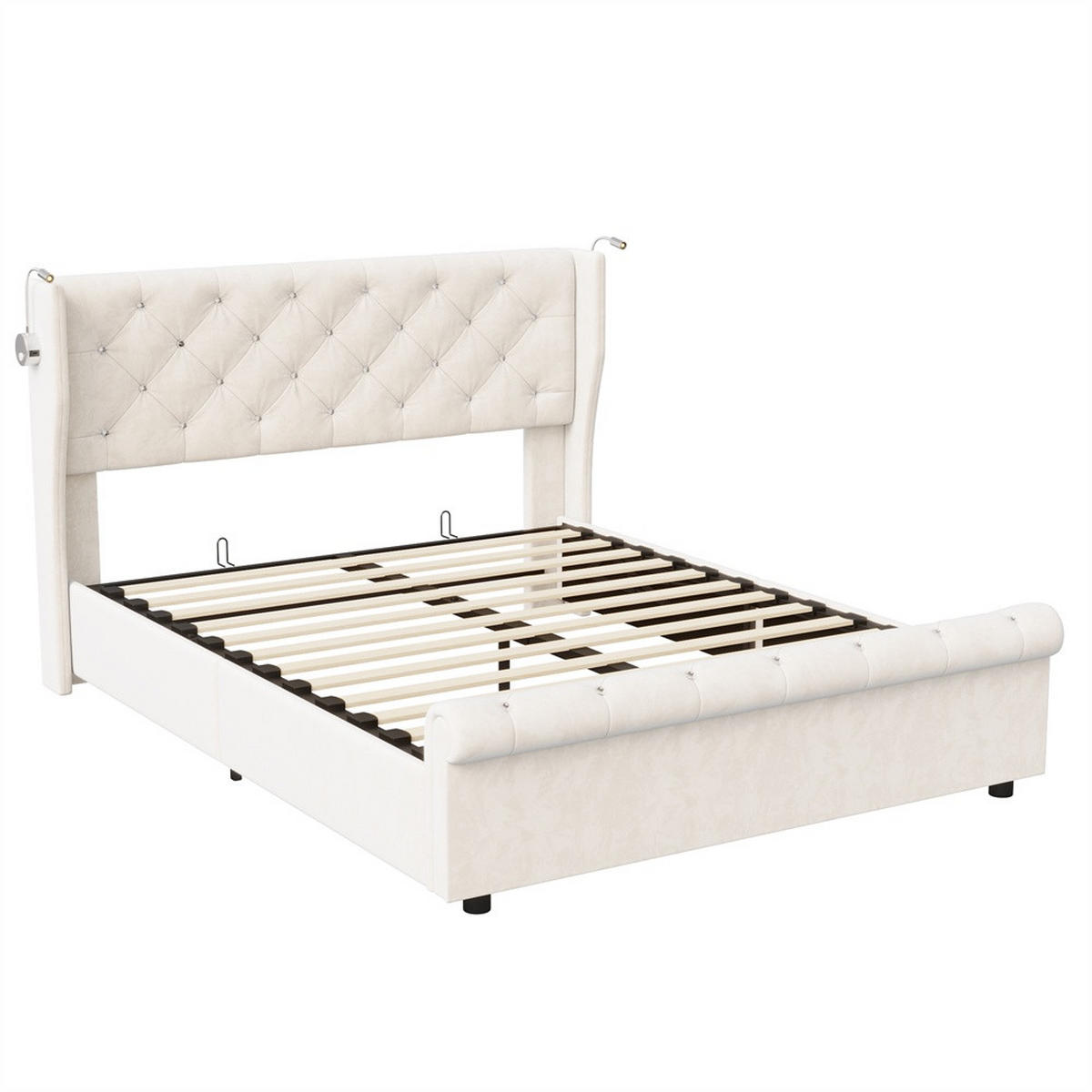 POLSTERBETT 160x200 cm mit verstellbaren Leseleuchten - USB-Anschluss und hydraulischem Stauraum - ohne Matratze - Beige, Textil (160/200cm) - DELFA
