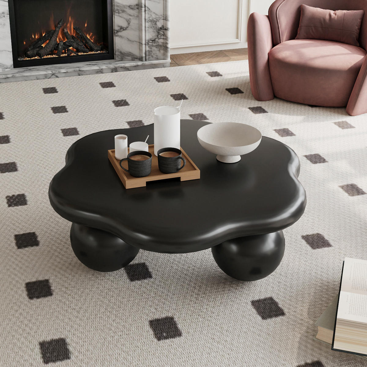 COUCHTISCH Couchtisch Ø80cm-Schwarzer Wohnzimmertisch in Wolkenform Matt mit Kugelbeinen - Schwarz, Holz (79/79/31cm) - Raelunyi