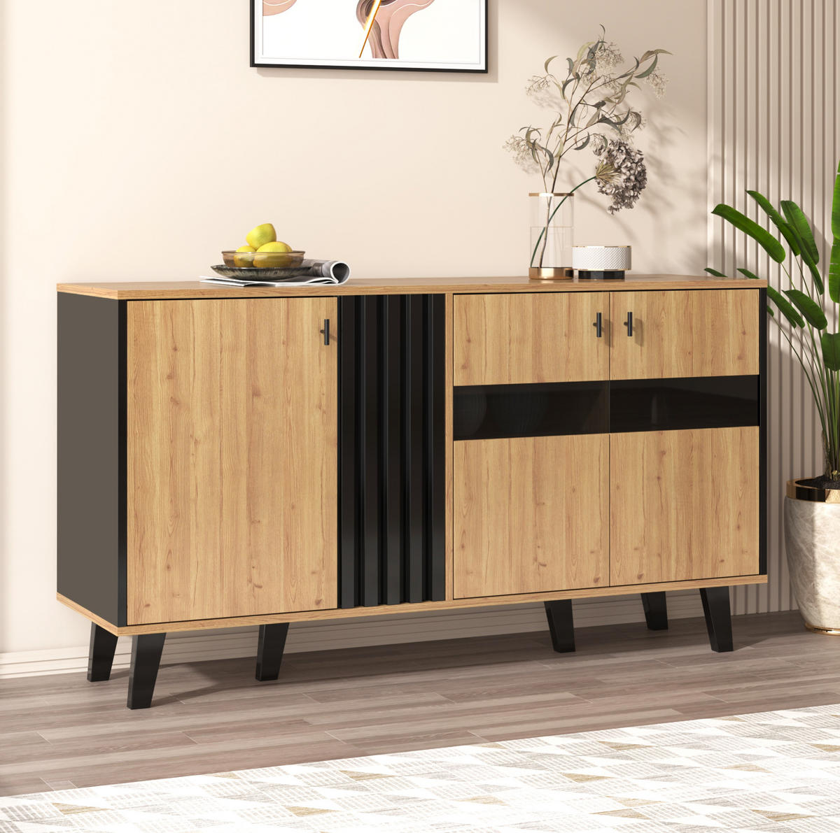 SIDEBOARD mit 3 Türen 140 x 78,5 x 41 cm Holzoptik Schwarz - Braun, Glas (140/78.5/41cm) - Meubliv