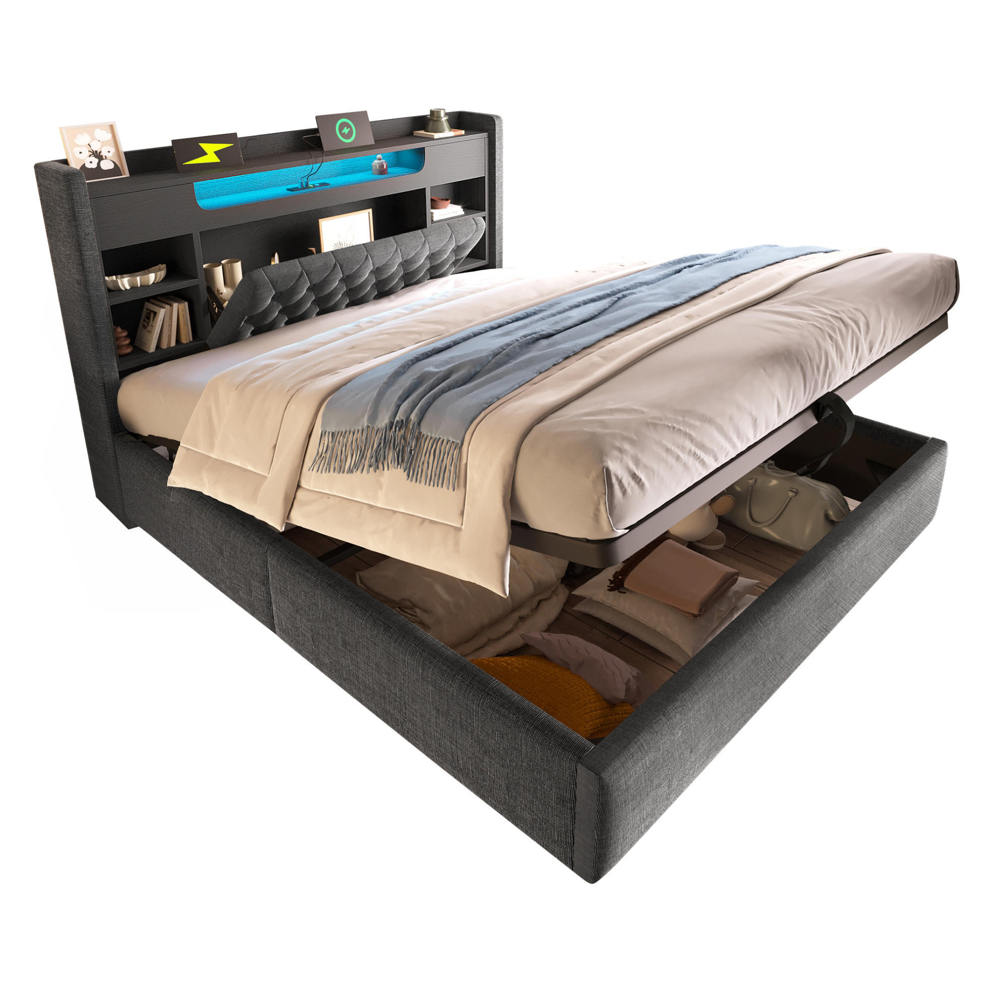 POLSTERBETT 180/200 cm aus Leinen mit Bettkasten LED und USB-C-Ladefunktion Grau - Grau, Textil (180/200cm) - Modenvie