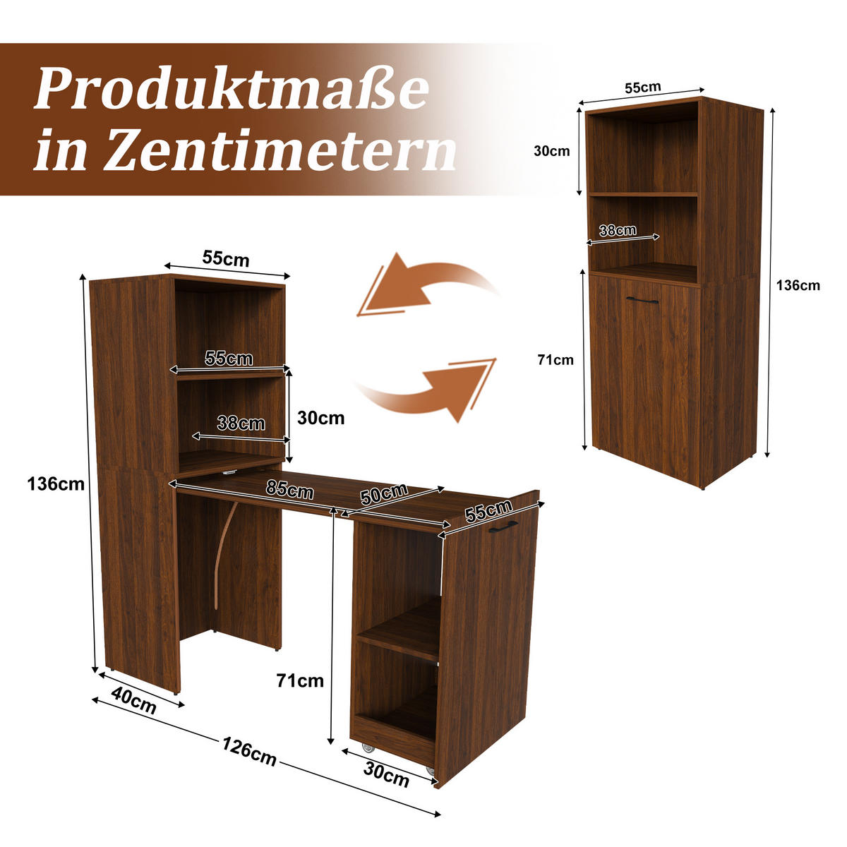 SCHREIBTISCH mit Stauraumschrank platzsparender Klappschreibtisch - Nussbaumfarben, Holzwerkstoff (55/80/136cm) - Gisaae