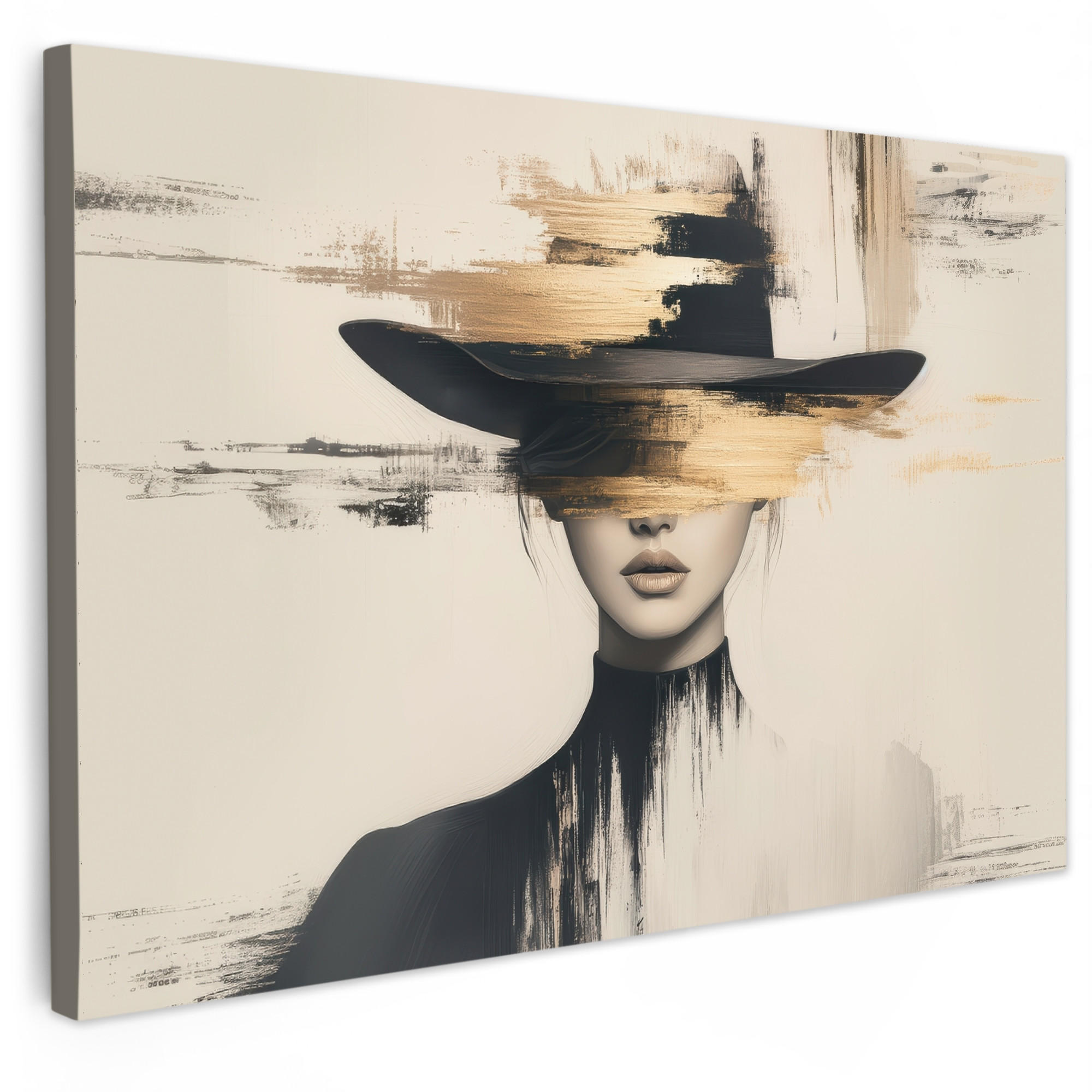 LEINWANDBILD Frau - Hut - Farbe Gemälde 60x40 cm - Goldfarben, Textil (60/40cm) - MuchoWow