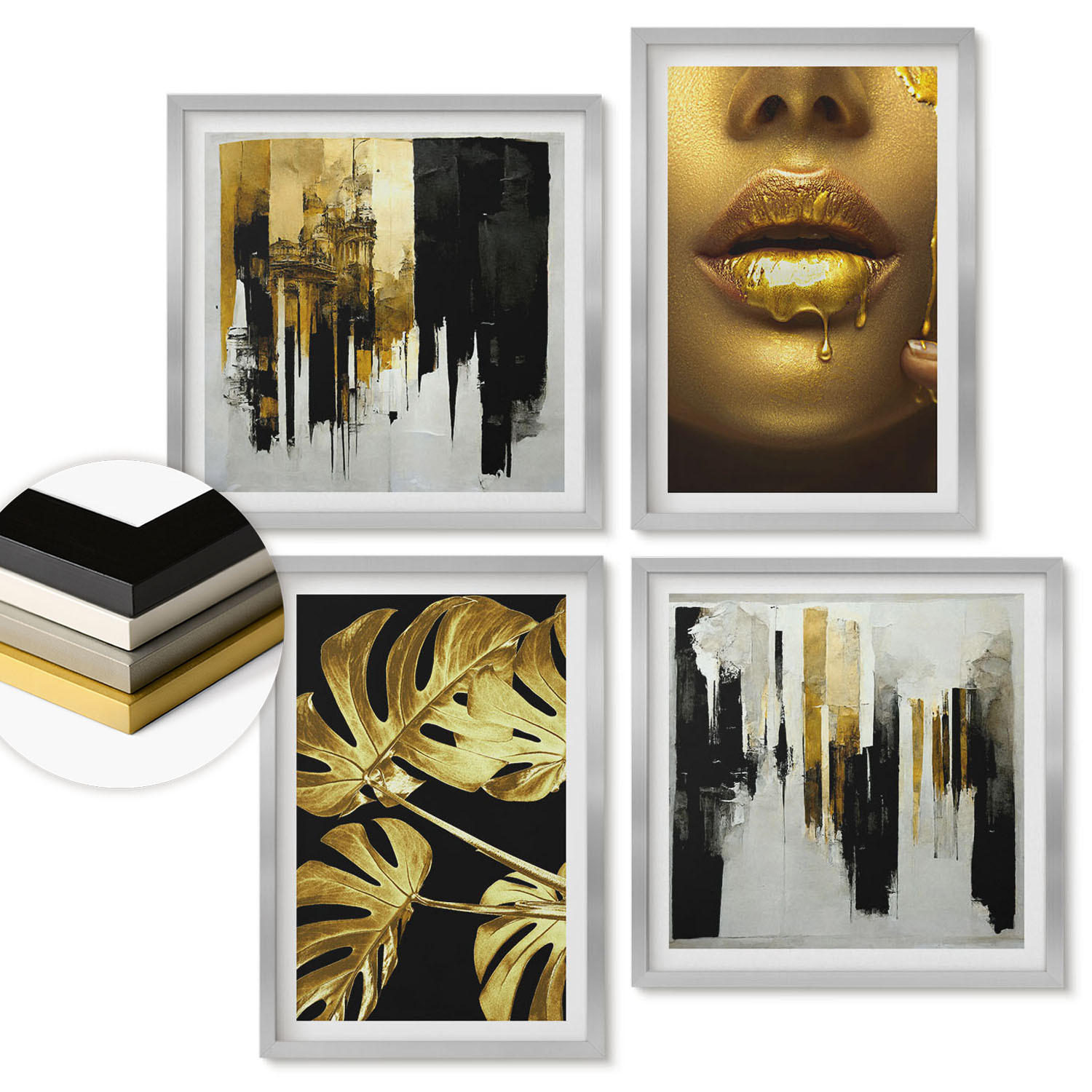 WANDBILDER 4er Set - 50x50 cm & 40x60 cm Silberner Rahmen - Abstrakte Blattmalerei - Silberfarben, Kunststoff (50/50cm) - ArtPrintCave