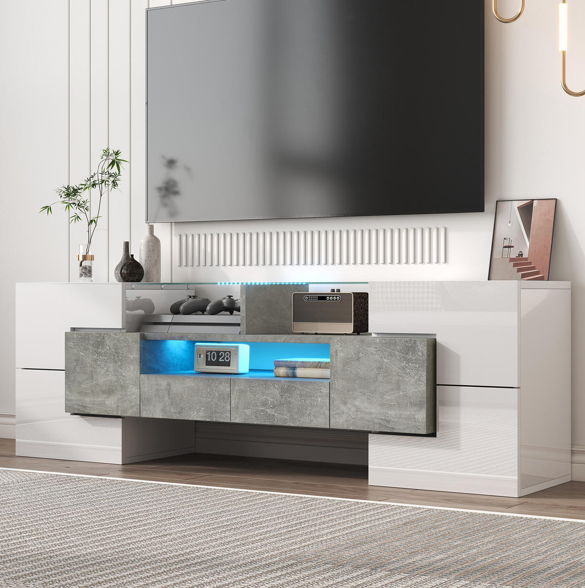 LOWBOARD 145/30/51 cm in Weiß/Beton aus MDF mit LED-Beleuchtung - Weiß, Holzwerkstoff (30/51/145cm) - OKMYHOME
