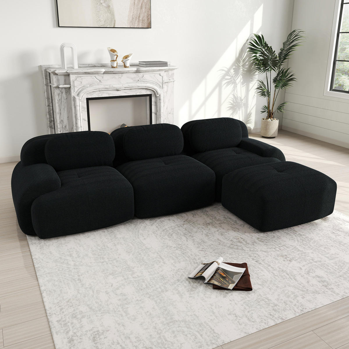 ECKSOFA modular rahmenlos Cordstoff Black 4-tlg. - Schwarz, Kunststoff (178/298cm) - Meubliv